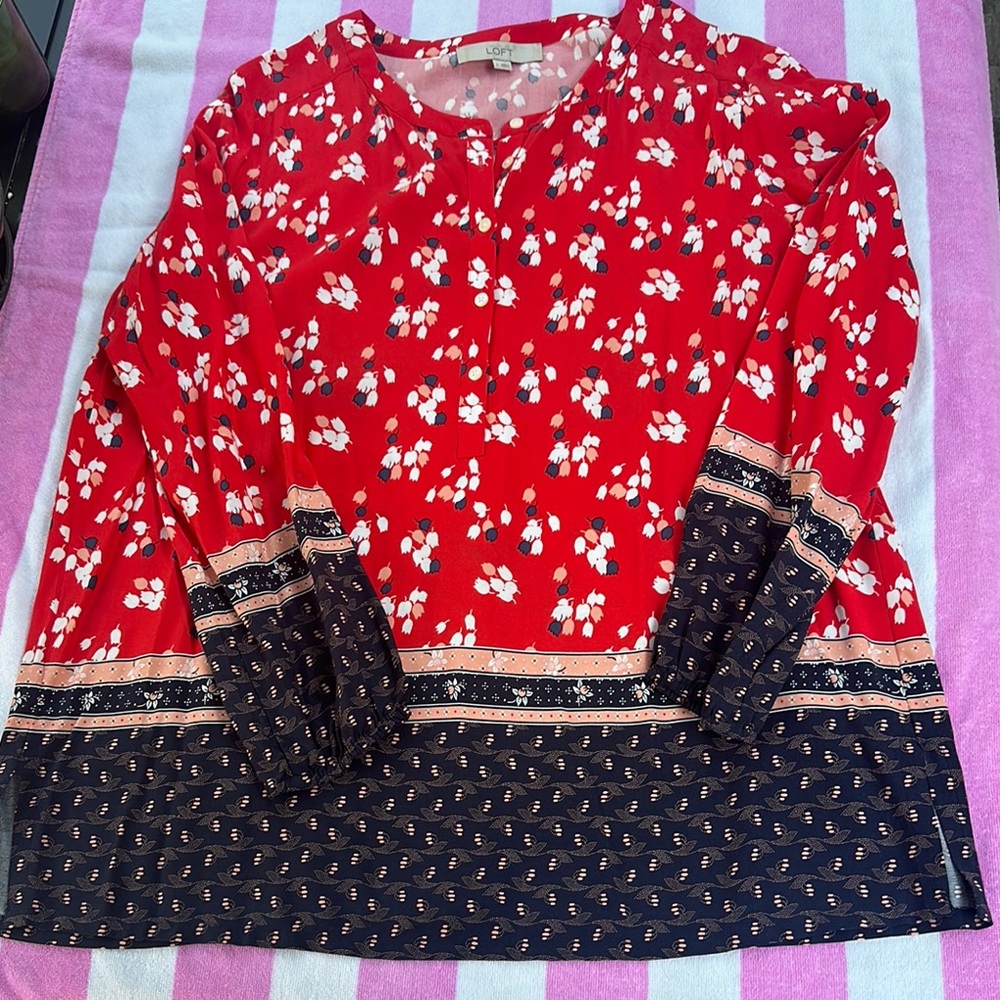 LOFT Red and Blue Ruffled Blouse with Mandarin Collar